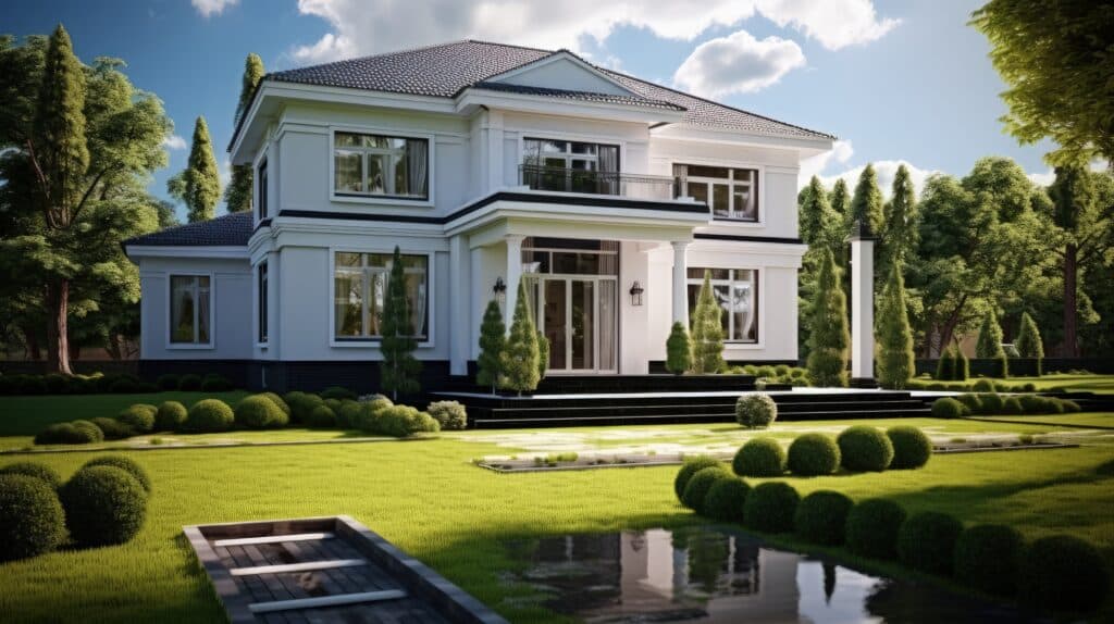 Modern luxury estate home in Orlando, Florida with lush landscaping and reflective pond in the front yard

