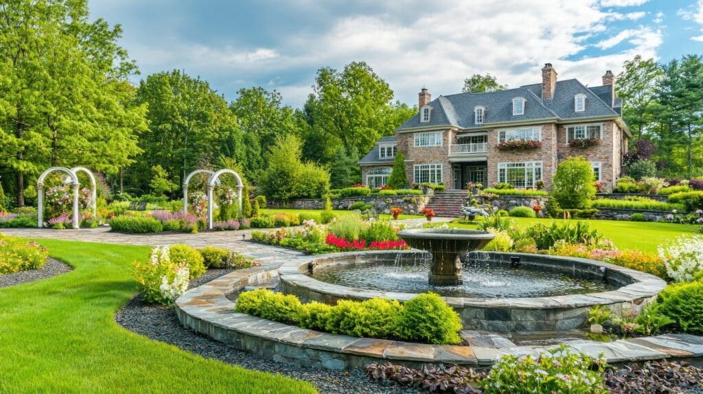 Seasonal estate with expansive manicured lanLuxury seasonal estate with expansive manicured gardens, lush green lawns, and elegant outdoor living spaces under clear blue skies.