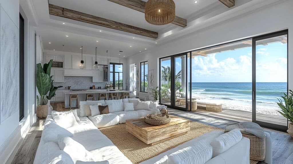 Professional estate staff working in luxury mansion kitchen and great room.